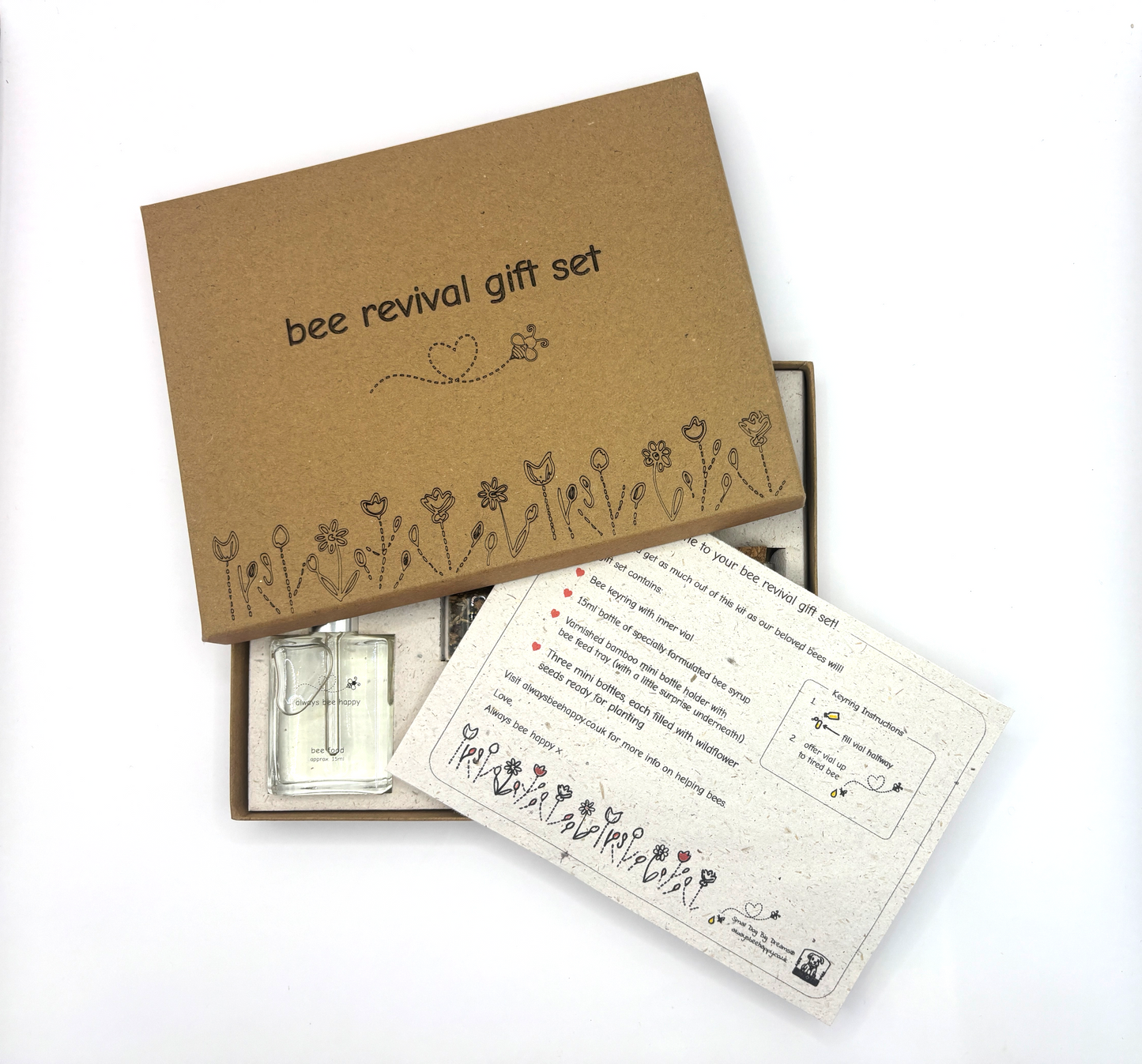 Bee Gift Set - Bee Revival Kit including Syrup, Bamboo Bottle Holder (with cute bee food tray) with 3 bottles filled with seeds