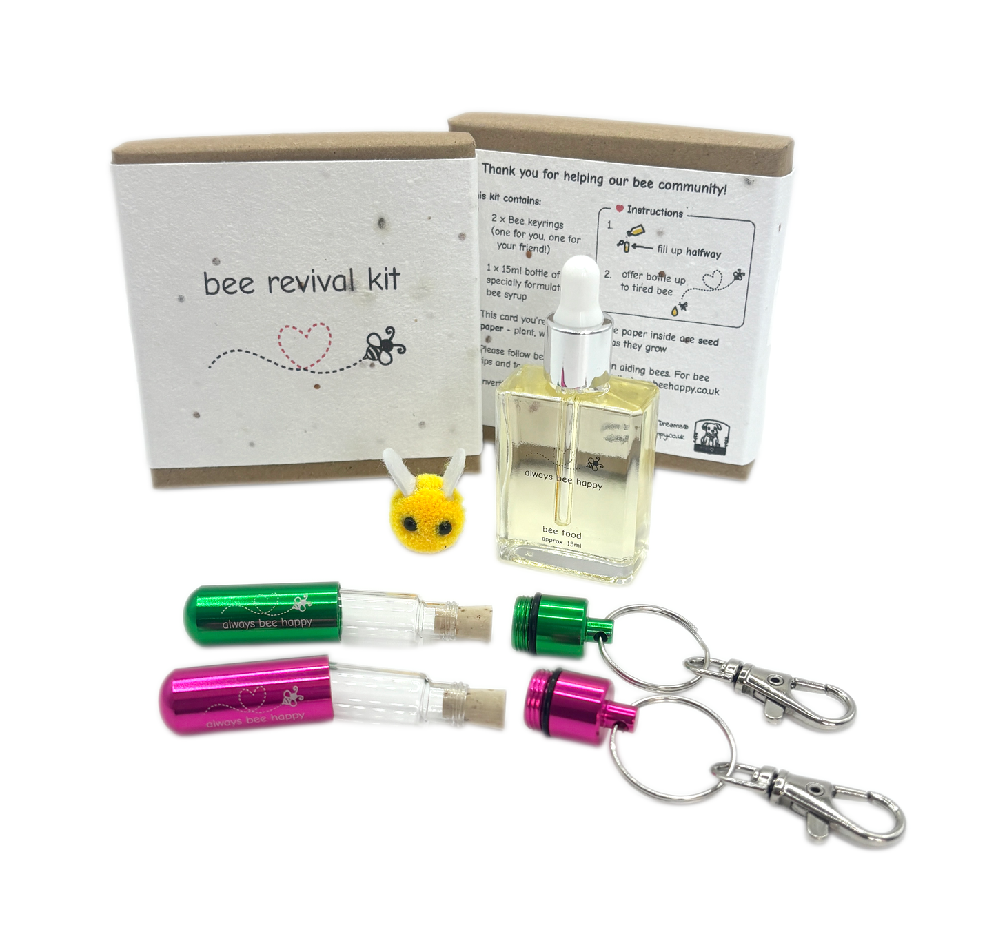 Bee Revival Kit Gift - 2 x Keyrings, 15ml Syrup, Seed Paper, Eco Friendly Packaging - Free Gift Wrapping