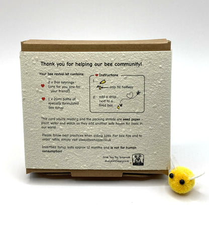 Showing a close up of the back of the bee revival kit box, which details the  contents of the kit and instructions on how to use the kit. A cute fabric bee sits next to the box