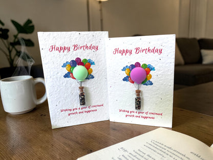 3D Hot Air Balloon Birthday Card | Watercolour Greeting with Plantable Seeds (Glass Vial)