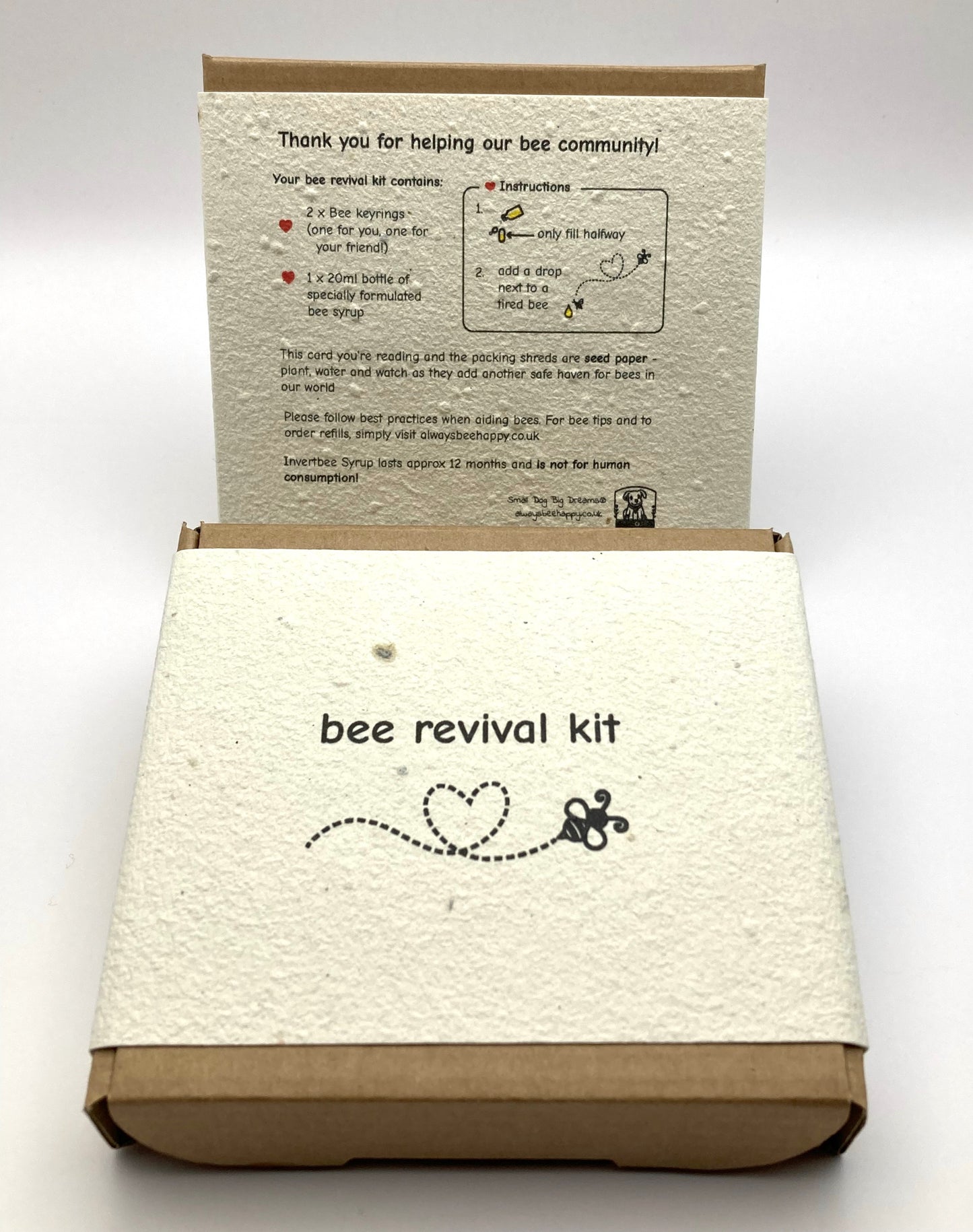 Showing the front and back of the bee revival kit box