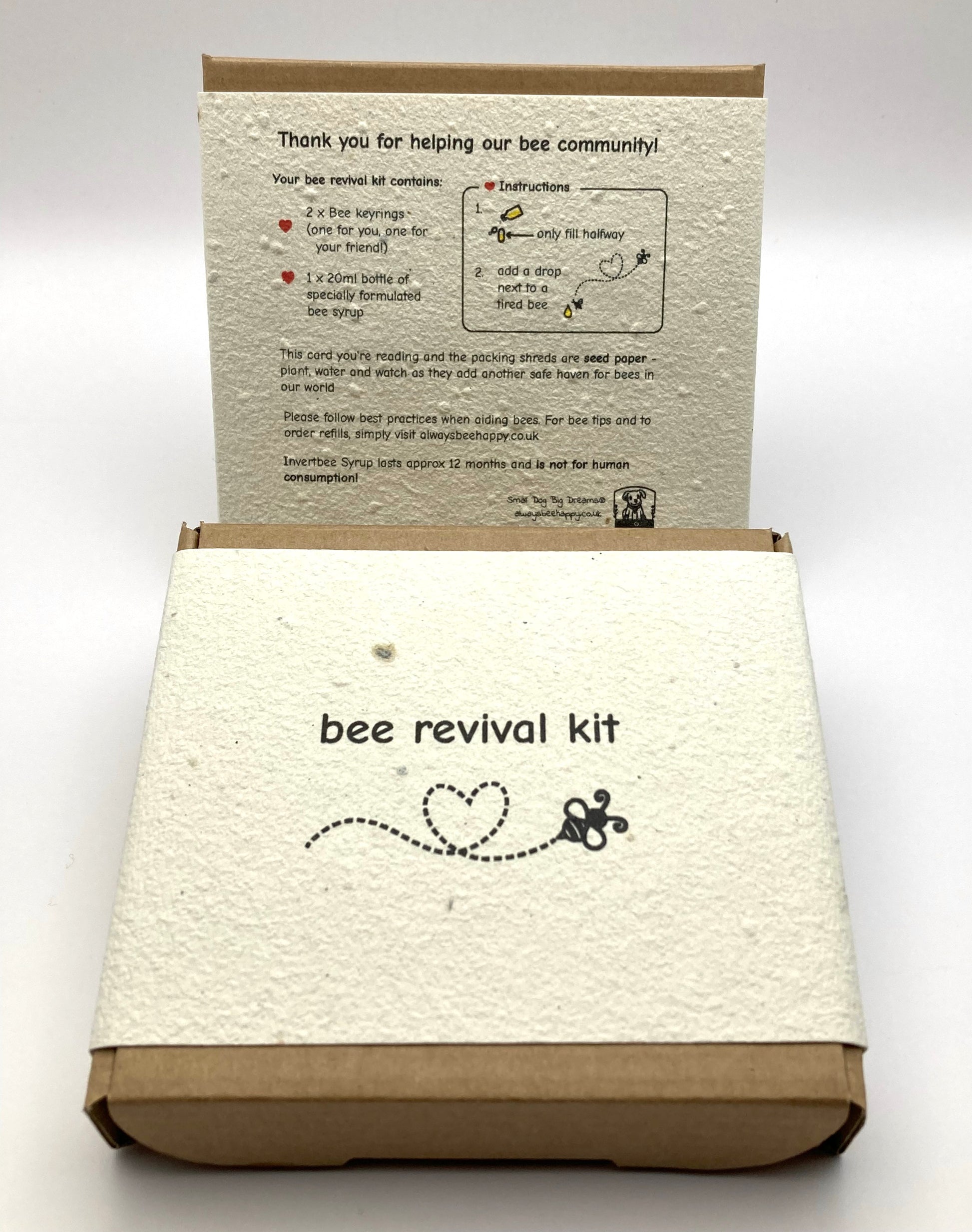 Showing the front and back of the bee revival kit box