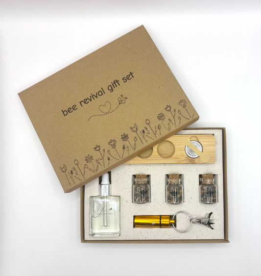 Bee Gift Set - Bee Revival Kit including Syrup, Bamboo Bottle Holder (with cute bee food tray) with 3 bottles filled with seeds