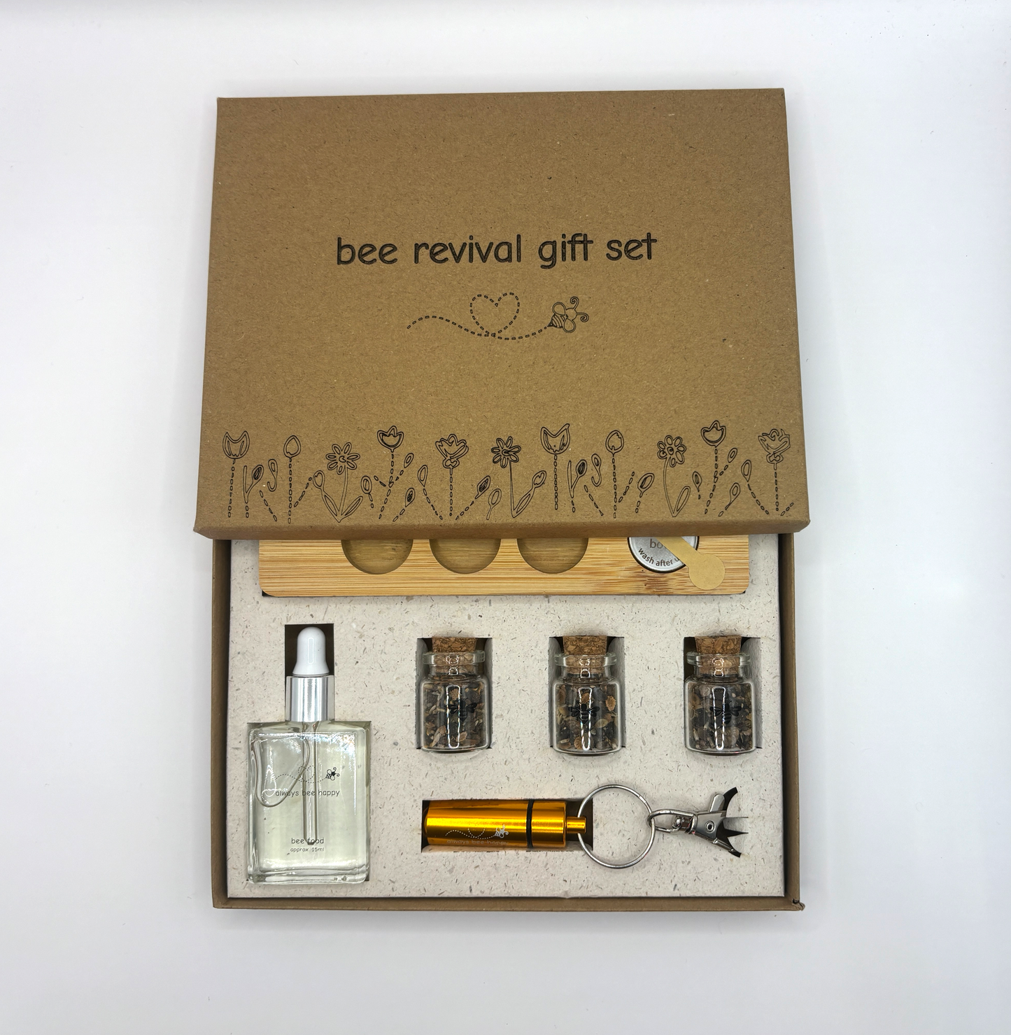 Bee Gift Set - Bee Revival Kit including Syrup, Bamboo Bottle Holder (with cute bee food tray) with 3 bottles filled with seeds