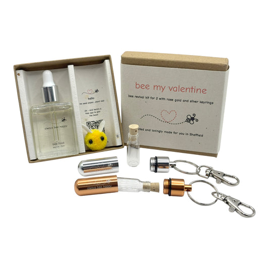 Valentine's Day Bee Revival Kit Gift - 2 x Keyrings, 15ml Dropper Bottle with Syrup, Seed Paper, Eco Packaging, Free Gift Wrap