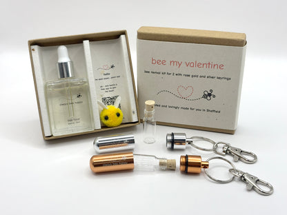Valentine's Day Bee Revival Kit Gift - 2 x Keyrings, 15ml Dropper Bottle with Syrup, Seed Paper, Eco Packaging, Free Gift Wrap