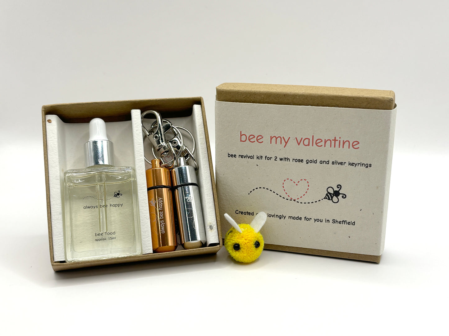 Valentine's Day Bee Revival Kit Gift - 2 x Keyrings, 15ml Dropper Bottle with Syrup, Seed Paper, Eco Packaging, Free Gift Wrap